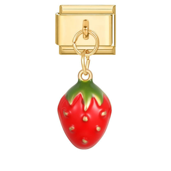 Image de 1 Pièce Maillons de Charme Italiens pour la Fabrication de Bijoux de Montres-Bracelets Modulables à Faire Soi-Même En Gros en 304 Acier Inoxydable Doré en Rouge Émail Fraises Alliage de Zinc Pendentif 10mm x 9mm