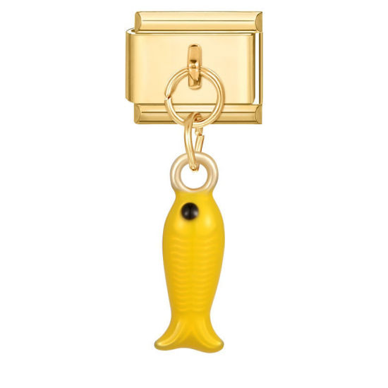 Image de 1 Pièce Maillons de Charme Italiens pour la Fabrication de Bijoux de Montres-Bracelets Modulables à Faire Soi-Même En Gros en 304 Acier Inoxydable Doré en Jaune Émail Poisson Alliage de Zinc Pendentif 10mm x 9mm