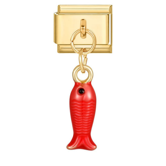 Image de 1 Pièce Maillons de Charme Italiens pour la Fabrication de Bijoux de Montres-Bracelets Modulables à Faire Soi-Même En Gros en 304 Acier Inoxydable Doré en Rouge Émail Poisson Alliage de Zinc Pendentif 10mm x 9mm