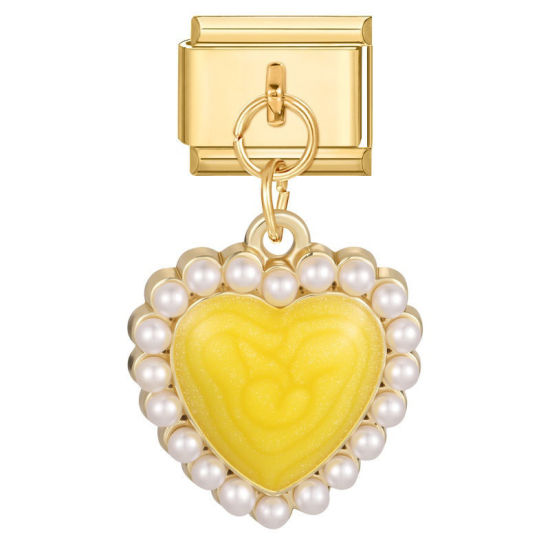 Image de 1 Pièce Maillons de Charme Italiens pour la Fabrication de Bijoux de Montres-Bracelets Modulables à Faire Soi-Même En Gros La Saint Valentin en 304 Acier Inoxydable Doré en Jaune Émail Cœur Imitation Perles Alliage de Zinc Pendentif 10mm x 9mm