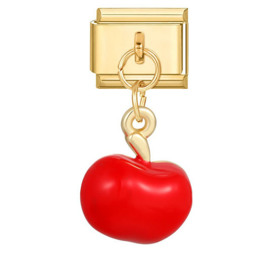 Image de 1 Pièce Maillons de Charme Italiens pour la Fabrication de Bijoux de Montres-Bracelets Modulables à Faire Soi-Même En Gros en 304 Acier Inoxydable Doré en Rouge Émail Pomme Alliage de Zinc Pendentif 10mm x 9mm