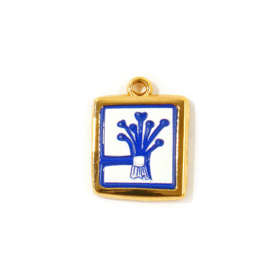 Picture of 2 PCs Eco-friendly PVD Waterproof Anti-Tarnish Hypoallergenic 304 Stainless Steel Charms Wholesale 18K Real Gold Plated Dark Blue Enamel Rectangle Flower Printed 19mm x 15mm
