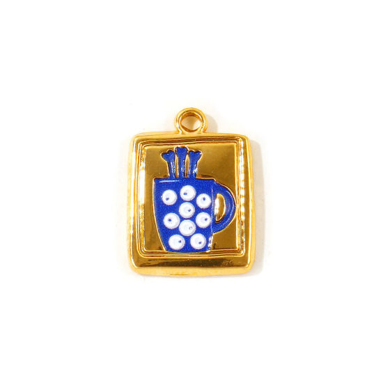 Picture of 2 PCs Eco-friendly PVD Waterproof Anti-Tarnish Hypoallergenic 304 Stainless Steel Charms Wholesale 18K Real Gold Plated Dark Blue Enamel Rectangle Cup Printed 19mm x 14.5mm