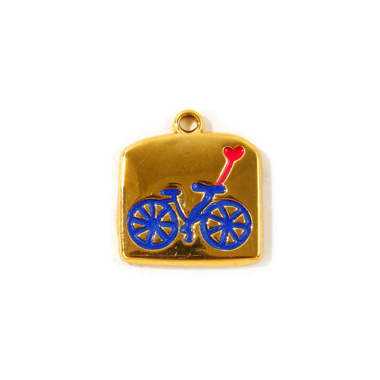 Picture of 2 PCs Eco-friendly PVD Waterproof Anti-Tarnish Hypoallergenic 304 Stainless Steel Charms Wholesale 18K Real Gold Plated Dark Blue Enamel Rectangle Bicycle Printed 19mm x 17.5mm
