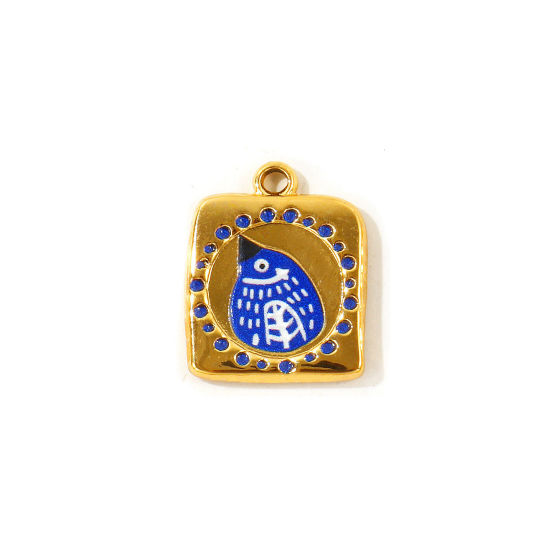 Picture of 2 PCs Eco-friendly PVD Waterproof Anti-Tarnish Hypoallergenic 304 Stainless Steel Charms Wholesale 18K Real Gold Plated Dark Blue Enamel Square Bird Printed 19mm x 15.5mm