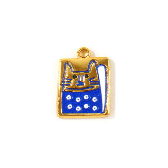 Picture of 2 PCs Eco-friendly PVD Waterproof Anti-Tarnish Hypoallergenic 304 Stainless Steel Charms Wholesale 18K Real Gold Plated Dark Blue Enamel Rectangle Cat Printed 19mm x 14mm