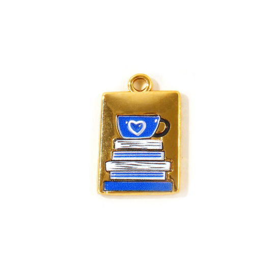 Picture of 2 PCs Eco-friendly PVD Waterproof Anti-Tarnish Hypoallergenic 304 Stainless Steel College Jewelry Charms Wholesale 18K Real Gold Plated Dark Blue Enamel Rectangle Book Printed 19mm x 13mm