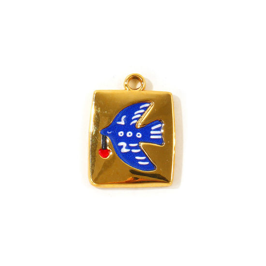 Picture of 2 PCs Eco-friendly PVD Waterproof Anti-Tarnish Hypoallergenic 304 Stainless Steel Charms Wholesale 18K Real Gold Plated Dark Blue Enamel Rectangle Pigeon Printed 19mm x 14.5mm