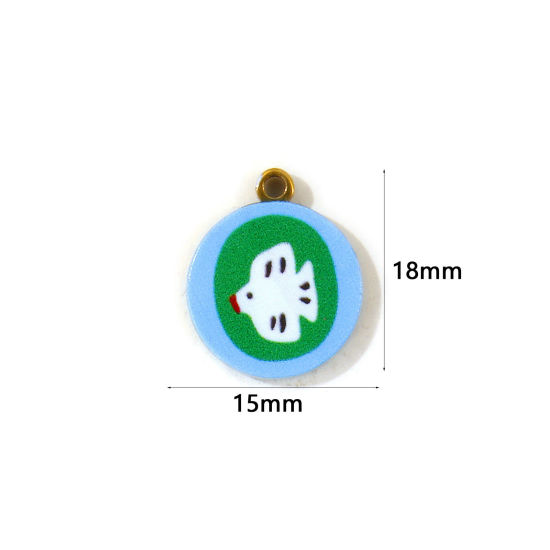 2 個 エコフレンドリー PVD 防水 耐変色性の 低アレルギー性の 304ステンレス鋼 チャーム 卸売り 18Kリアルゴールドメッキ 多色 円形 ディスク ピジョン 両面プリント 18mm x 15mm、 の画像