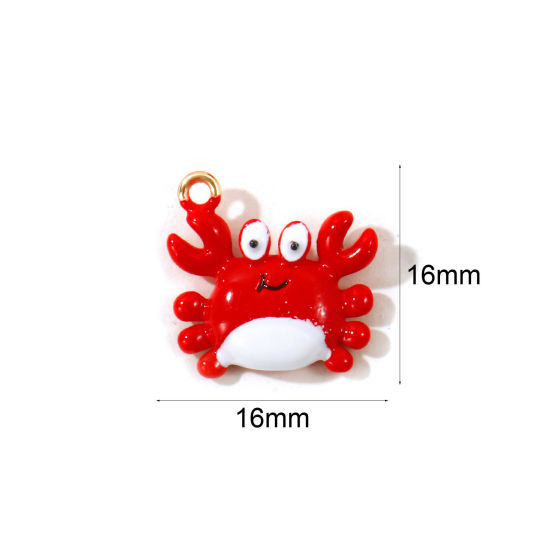 2 個 真鍮 海ジュエリー チャーム 卸売り, カニ 18Kゴールドメッキ 赤 エナメル 3D 16mm x 16mm、 の画像