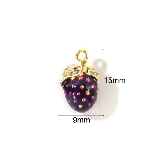 2 個 真鍮 3D チャーム 卸売り, ラズベリー 18Kゴールドメッキ 紫 エナメル 15mm x 9mm、 の画像