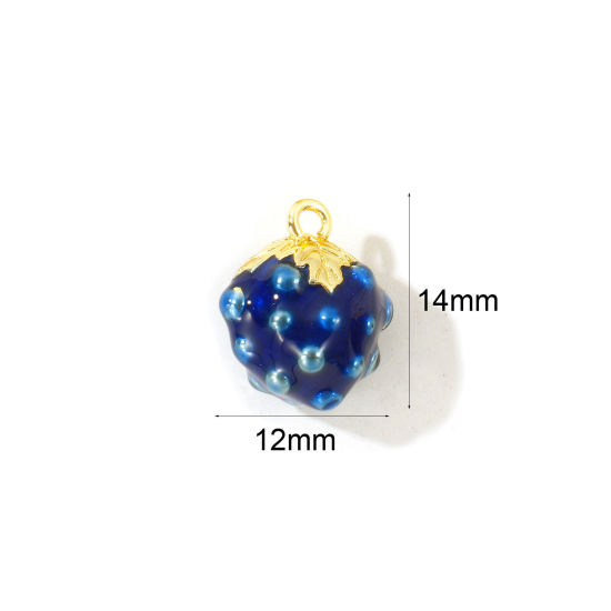 2 個 真鍮 3D チャーム 卸売り, 葡萄 18Kゴールドメッキ 青 エナメル 14mm x 12mm、 の画像