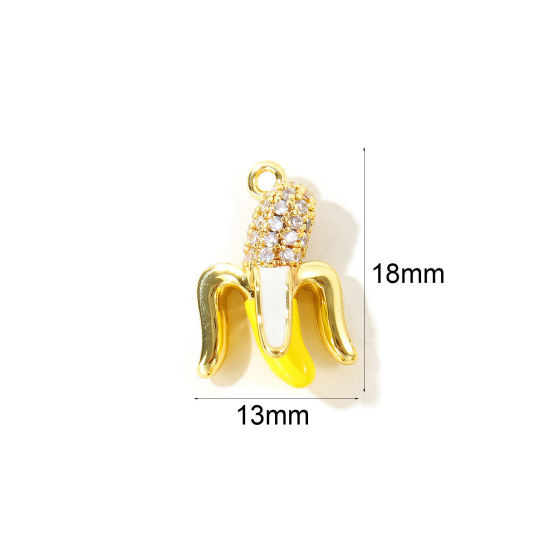 2 個 真鍮 3D チャーム 卸売り, バナナ 18Kゴールドメッキ 黄色 エナメル 18mm x 13mm、 の画像