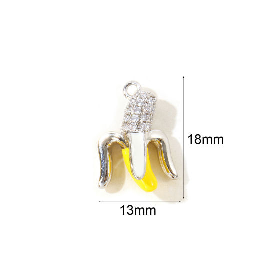 2 個 真鍮 3D チャーム 卸売り, バナナ プラチナメッキ 黄色 エナメル 18mm x 13mm、 の画像