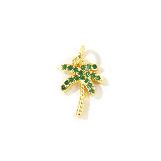 2 個 真鍮 チャーム 卸売り, ココナツの木 18Kゴールドメッキ マイクロパヴェ グリーン ジルコン 17mm x 10mm、 の画像