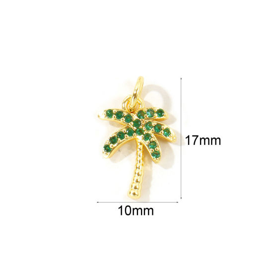 2 個 真鍮 チャーム 卸売り, ココナツの木 18Kゴールドメッキ マイクロパヴェ グリーン ジルコン 17mm x 10mm、 の画像