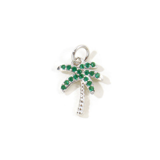 2 個 真鍮 チャーム 卸売り, ココナツの木 プラチナメッキ マイクロパヴェ グリーン ジルコン 17mm x 10mm、 の画像