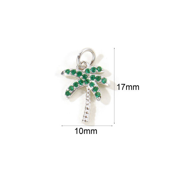 2 個 真鍮 チャーム 卸売り, ココナツの木 プラチナメッキ マイクロパヴェ グリーン ジルコン 17mm x 10mm、 の画像