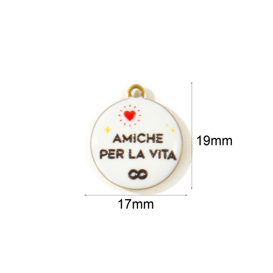 2 個 エコフレンドリー PVD 防水 耐変色性の 低アレルギー性の 304ステンレス鋼 ポジティブエネルギー チャーム 卸売り 18Kリアルゴールドメッキ 白 両面エナメル 円形 ディスク イタリア語 文字「 Amiche Per La Vita 」 印刷された 19mm x 17mm、 の画像