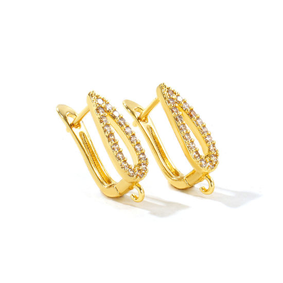 Picture of 1 Pair Brass Micro Pave Hoop Earrings For DIY Jewelry Making Accessories Wholesale 18K Gold Plated Drop Clear Cubic Zirconia With Loop 21mm x 6mm, Post/ Wire Size: 1.1mm(17 gauge)