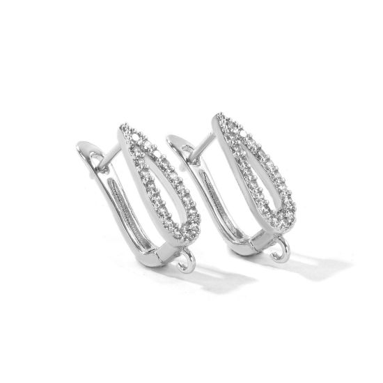 Picture of 1 Pair Brass Micro Pave Hoop Earrings For DIY Jewelry Making Accessories Wholesale Platinum Plated Drop Clear Cubic Zirconia With Loop 21mm x 6mm, Post/ Wire Size: 1.1mm(17 gauge)