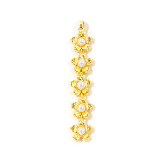 Image de 2 Pcs Pendentifs En Gros en Plaqué Or 18K en Laiton Fleur Franges Blanc Imitation Perles 7cm x 1.2cm