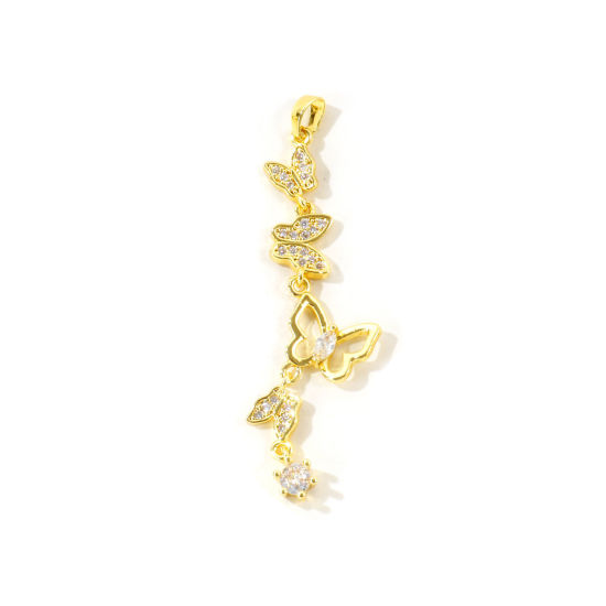 Image de 2 Pcs Pendentifs En Gros en Plaqué Or 18K en Laiton Papillon Franges à Zircone Cubique Clair 5.5cm x 1.7cm