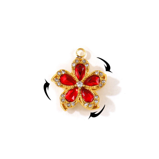 Picture of 1 Piece Eco-friendly PVD 304 Stainless Steel Flora Collection Charms Wholesale 18K Gold Plated Sakura Flower Rotatable Red Cubic Zirconia 19mm x 17mm