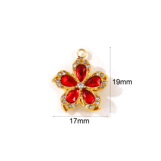 Picture of 1 Piece Eco-friendly PVD 304 Stainless Steel Flora Collection Charms Wholesale 18K Gold Plated Sakura Flower Rotatable Red Cubic Zirconia 19mm x 17mm