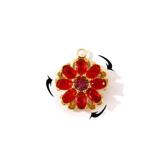 Picture of 1 Piece Eco-friendly PVD 304 Stainless Steel Flora Collection Charms Wholesale 18K Gold Plated Flower Rotatable Red Cubic Zirconia 18mm x 16mm