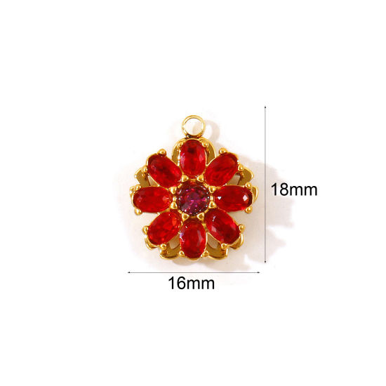 Picture of 1 Piece Eco-friendly PVD 304 Stainless Steel Flora Collection Charms Wholesale 18K Gold Plated Flower Rotatable Red Cubic Zirconia 18mm x 16mm