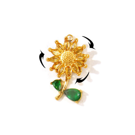 Picture of 1 Piece Eco-friendly PVD 304 Stainless Steel Flora Collection Charms Wholesale 18K Gold Plated Sunflower Rotatable Green Cubic Zirconia 27mm x 17mm