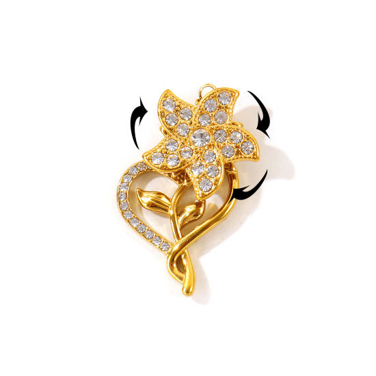 Picture of 1 Piece Eco-friendly PVD 304 Stainless Steel Flora Collection Charms Wholesale 18K Gold Plated Flower Heart Rotatable Clear Cubic Zirconia 3.1cm x 1.7cm