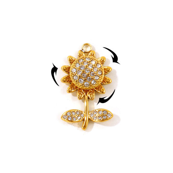 Picture of 1 Piece Eco-friendly PVD 304 Stainless Steel Flora Collection Charms Wholesale 18K Gold Plated Sunflower Rotatable Clear Cubic Zirconia 25mm x 15mm
