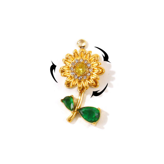 Picture of 1 Piece Eco-friendly PVD 304 Stainless Steel Flora Collection Charms Wholesale 18K Gold Plated Sunflower Rotatable Multicolour Cubic Zirconia 27mm x 15mm