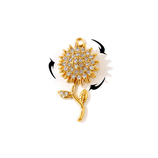 Picture of 1 Piece Eco-friendly PVD 304 Stainless Steel Flora Collection Charms Wholesale 18K Gold Plated Daisy Flower Rotatable Clear Cubic Zirconia 27mm x 13mm