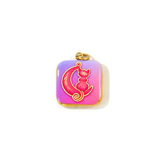Picture of 2 PCs Eco-friendly PVD 304 Stainless Steel Charms Wholesale 18K Gold Plated Pink Square Cat Printed 19mm x 14mm