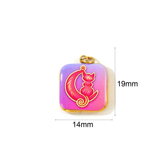 Picture of 2 PCs Eco-friendly PVD 304 Stainless Steel Charms Wholesale 18K Gold Plated Pink Square Cat Printed 19mm x 14mm