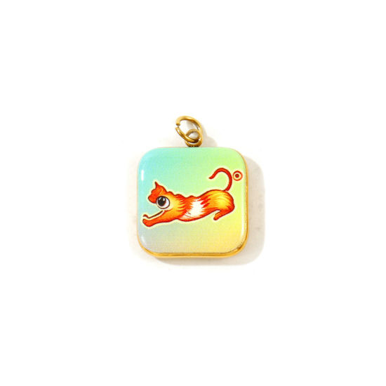 Picture of 2 PCs Eco-friendly PVD 304 Stainless Steel Charms Wholesale 18K Gold Plated Orange Square Cat Printed 19mm x 14mm