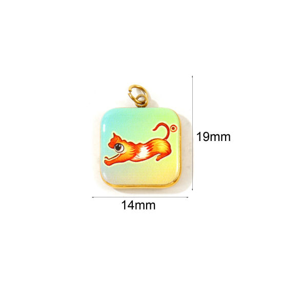 Picture of 2 PCs Eco-friendly PVD 304 Stainless Steel Charms Wholesale 18K Gold Plated Orange Square Cat Printed 19mm x 14mm