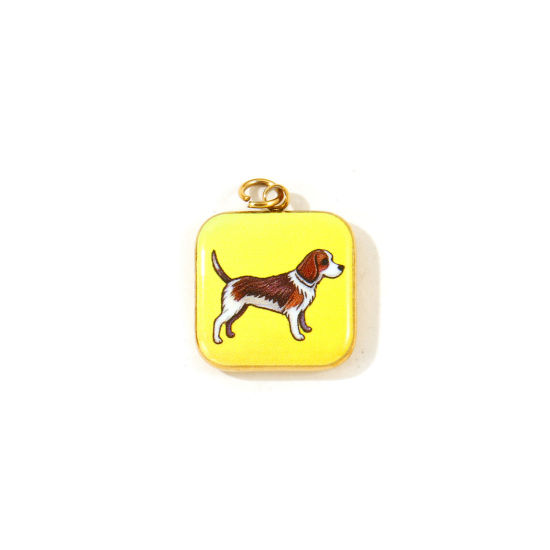 Picture of 2 PCs Eco-friendly PVD 304 Stainless Steel Charms Wholesale 18K Gold Plated Yellow Square Dog Printed 19mm x 14mm