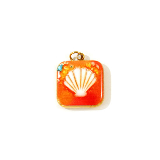 Picture of 2 PCs Eco-friendly PVD 304 Stainless Steel Charms Wholesale 18K Gold Plated Orange Square Shell Printed 19mm x 14mm