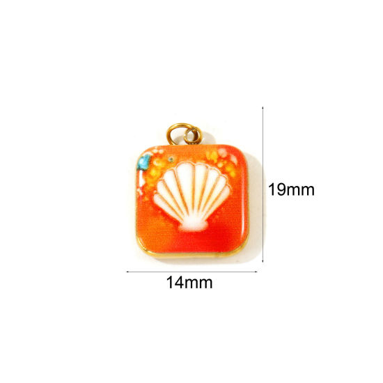 Picture of 2 PCs Eco-friendly PVD 304 Stainless Steel Charms Wholesale 18K Gold Plated Orange Square Shell Printed 19mm x 14mm