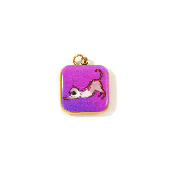 Picture of 2 PCs Eco-friendly PVD 304 Stainless Steel Charms Wholesale 18K Gold Plated Purple Square Cat Printed 19mm x 14mm