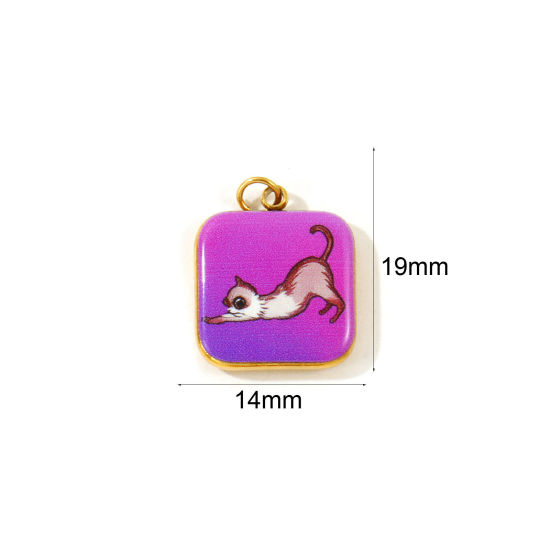 Picture of 2 PCs Eco-friendly PVD 304 Stainless Steel Charms Wholesale 18K Gold Plated Purple Square Cat Printed 19mm x 14mm