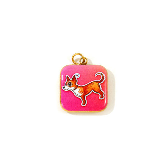 Picture of 2 PCs Eco-friendly PVD 304 Stainless Steel Charms Wholesale 18K Gold Plated Fuchsia Square Dog Printed 19mm x 14mm