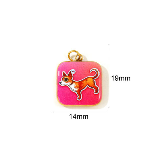 Picture of 2 PCs Eco-friendly PVD 304 Stainless Steel Charms Wholesale 18K Gold Plated Fuchsia Square Dog Printed 19mm x 14mm