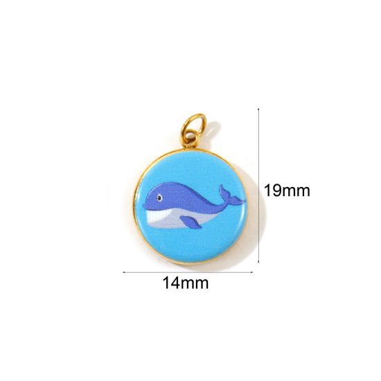 2 個 エコフレンドリー PVD 304ステンレス鋼 海ジュエリー チャーム 卸売り 18Kゴールドメッキ 青 円形 ディスク クジラ 印刷された 19mm x 14mm、 の画像