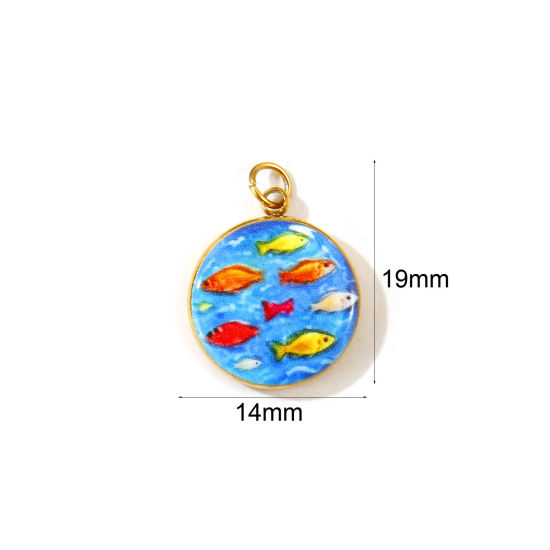 2 個 エコフレンドリー PVD 304ステンレス鋼 海ジュエリー チャーム 卸売り 18Kゴールドメッキ 多色 円形 ディスク 魚 印刷された 19mm x 14mm、 の画像