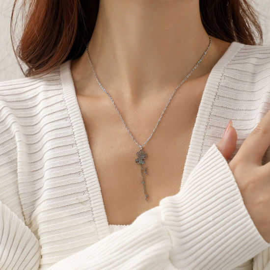 Picture of 1 Piece 304 Stainless Steel Birth Month Flower Customized Name Necklace Personalized Letter Charm Pendant Silver Tone